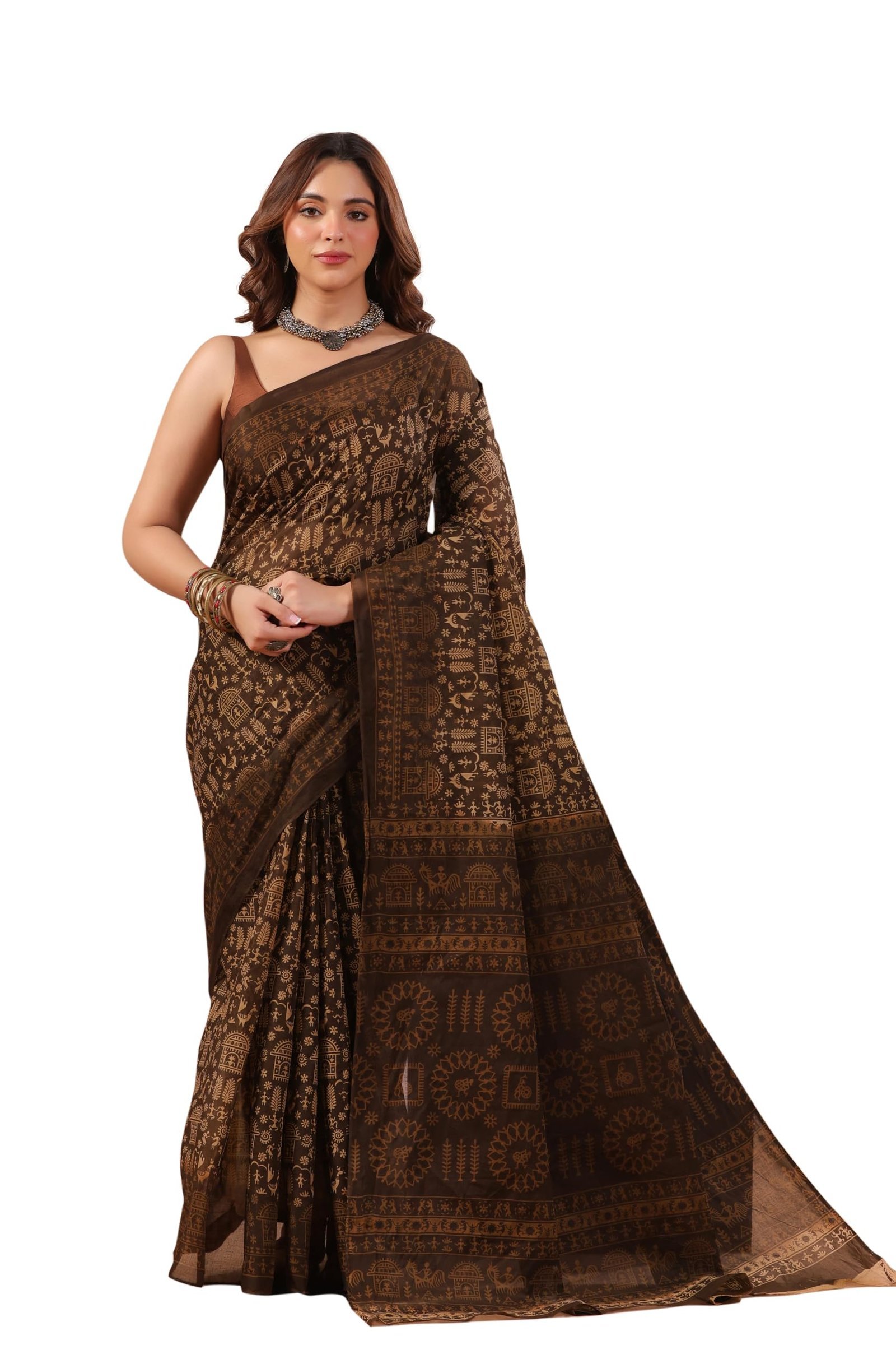 Mulmul Pure Cotton Saree For Woman Warli Printed |Office Wear Daily Wear Sarees For Women Without Blouse Piece(Available in 17 Colours), Dark Coffee