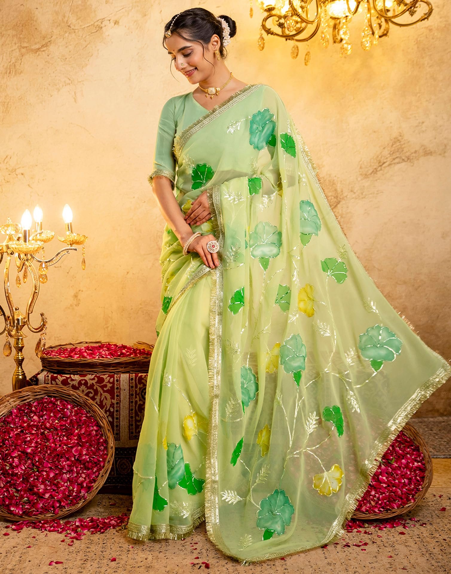 Women's Tissue Silk Floral Printed Gota Work Saree, Light Green, 5796S8251