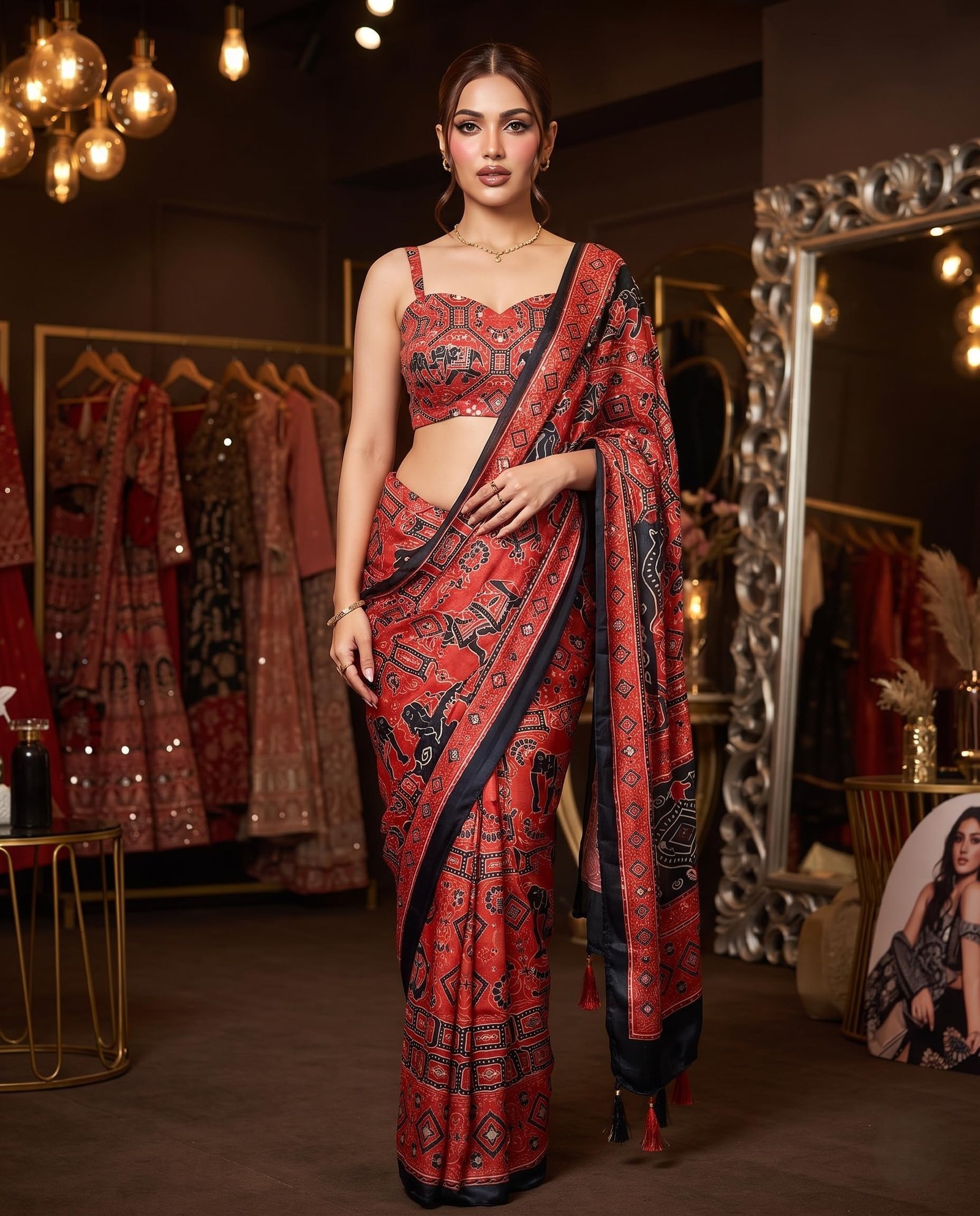 Women’s Viscose Silk Printed Saree with Original Mirror Work, Designer Ethnic Saree with Decorative Border & Rich Pallu, Unstitched Blouse Piece (MIMOSSA - RED)