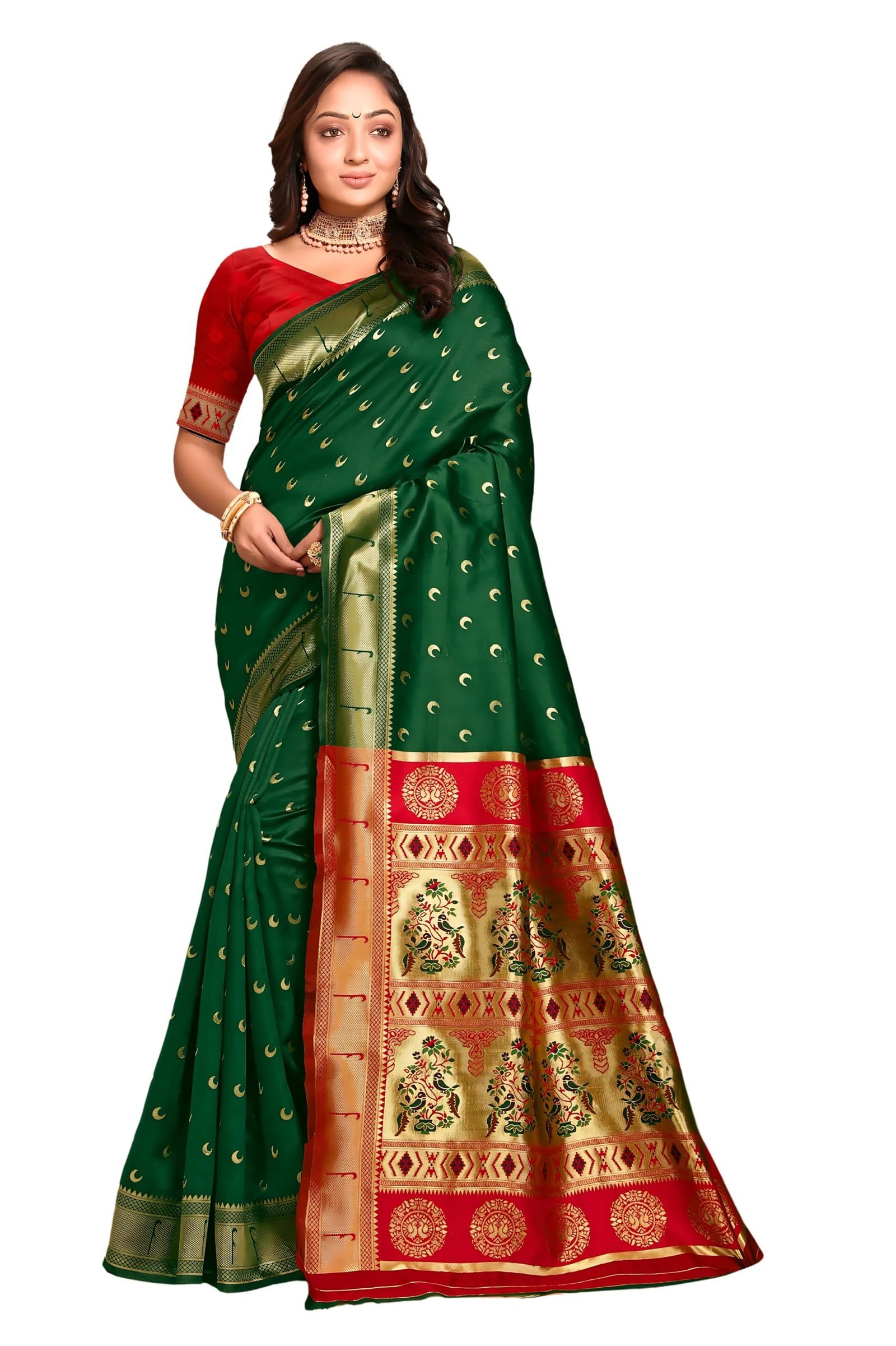 Women's Banarasi Saree Pure Kanjivaram Silk Saree Soft Design Wear Pattu Sarees Latest Cotton With Blouse Piece for Wedding sadi new ladies 2025 (Chand paithani) (Green-Red)
