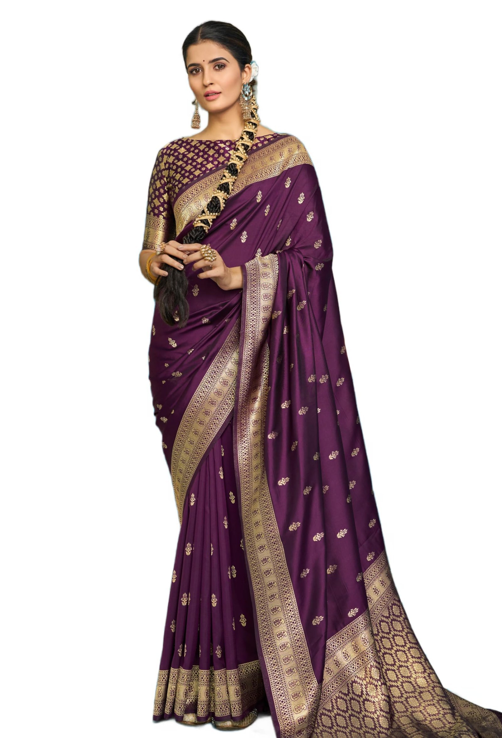 Women Silk Kanjivaram Sarees Kanchipuram Saree With Blouse Piece (Purple)