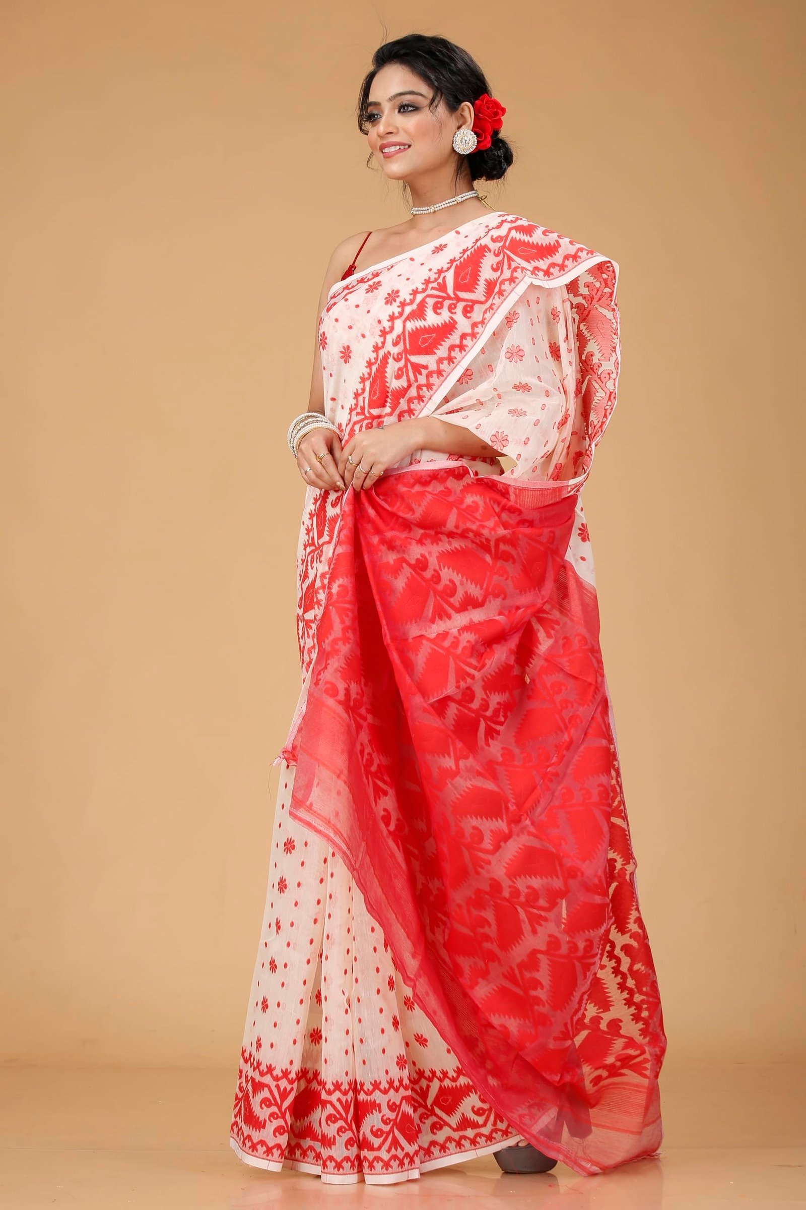 Women's Traditional Bengal Cotton Silk Soft Jamdani Saree - Beautiful design and Quality - Without Blouse Piece (White & Red)