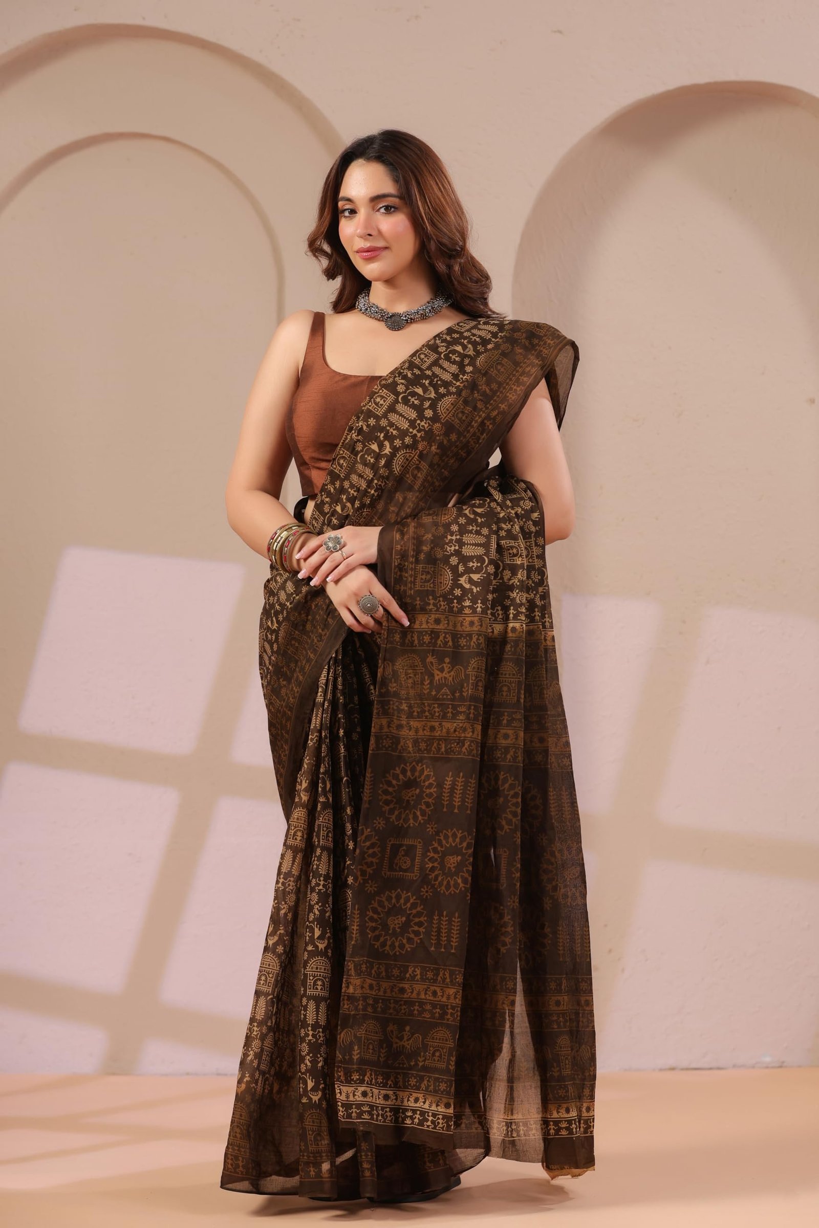 Mulmul Pure Cotton Saree For Woman Warli Printed |Office Wear Daily Wear Sarees For Women Without Blouse Piece(Available in 17 Colours), Dark Coffee