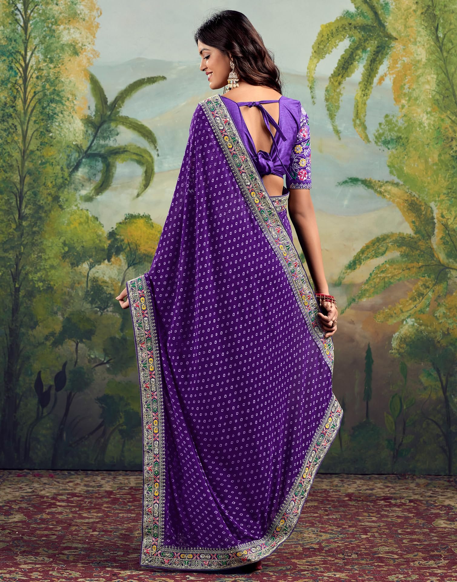 Women's Georgette Bandhani Printed Embroidery Saree, Traditional Wedding Sarees For Women With Unstitched Blouse Piece (4115S904_Violet)