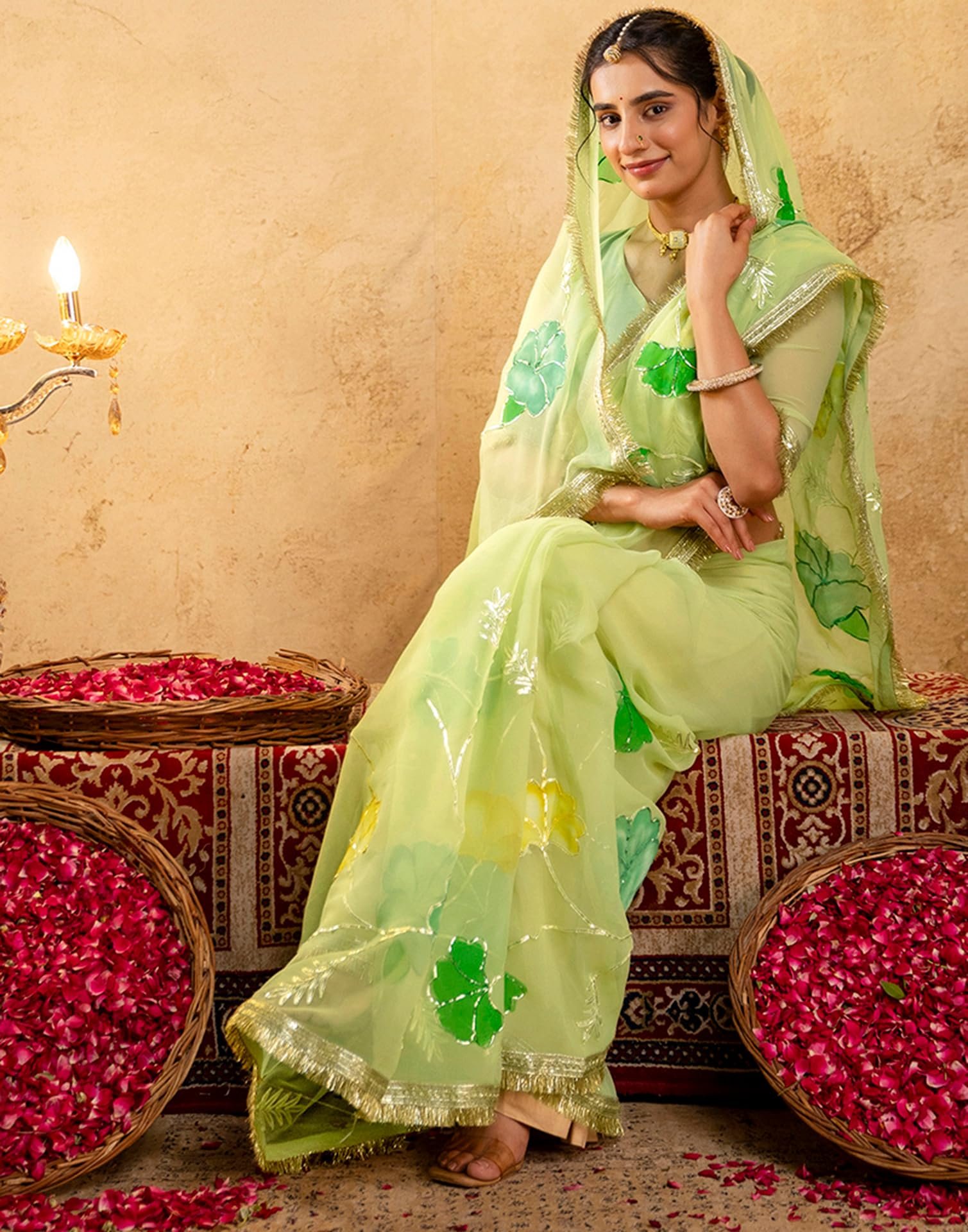 Women's Tissue Silk Floral Printed Gota Work Saree, Light Green, 5796S8251