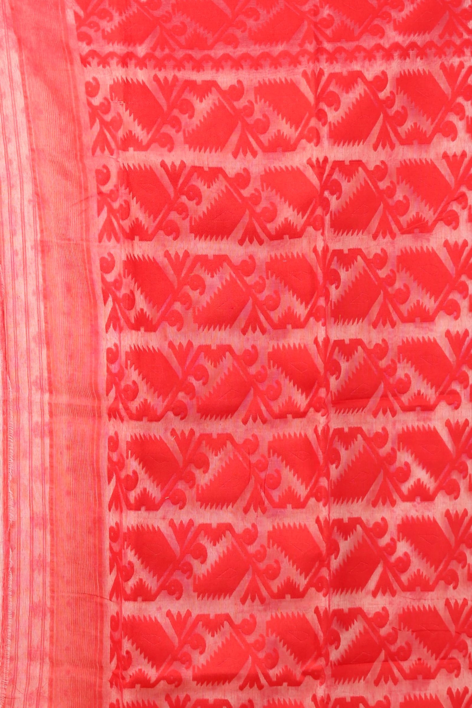 Women's Traditional Bengal Cotton Silk Soft Jamdani Saree - Beautiful design and Quality - Without Blouse Piece (White & Red)
