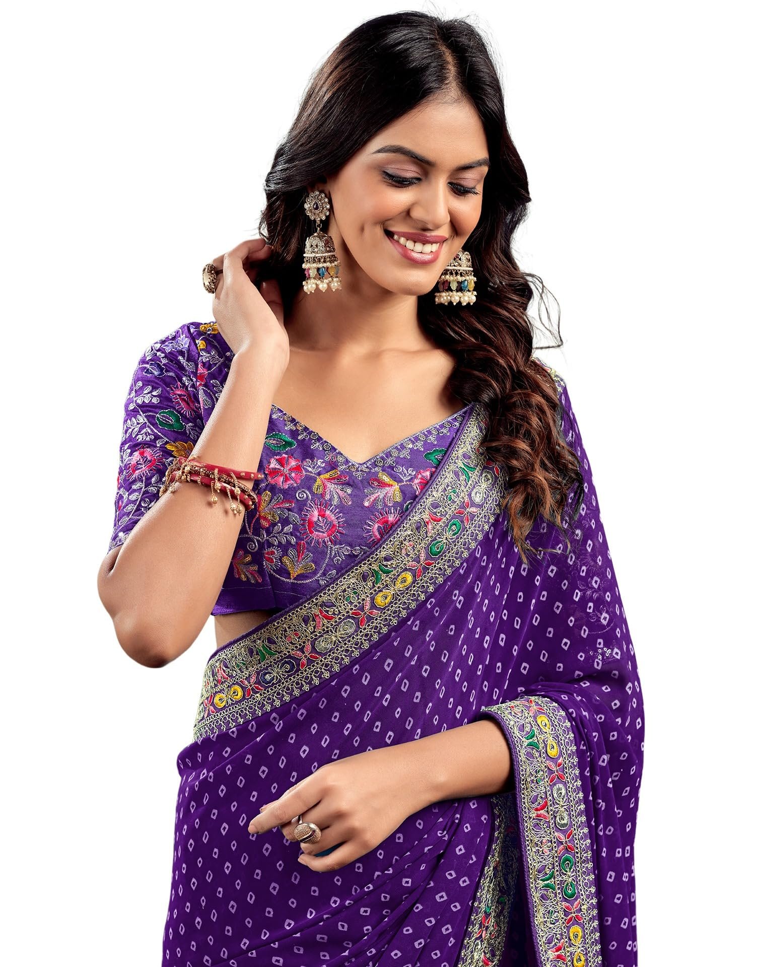 Women's Georgette Bandhani Printed Embroidery Saree, Traditional Wedding Sarees For Women With Unstitched Blouse Piece (4115S904_Violet)