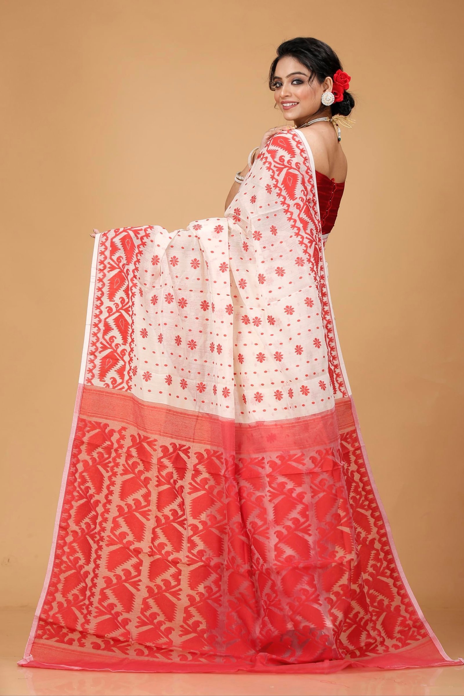 Women's Traditional Bengal Cotton Silk Soft Jamdani Saree - Beautiful design and Quality - Without Blouse Piece (White & Red)