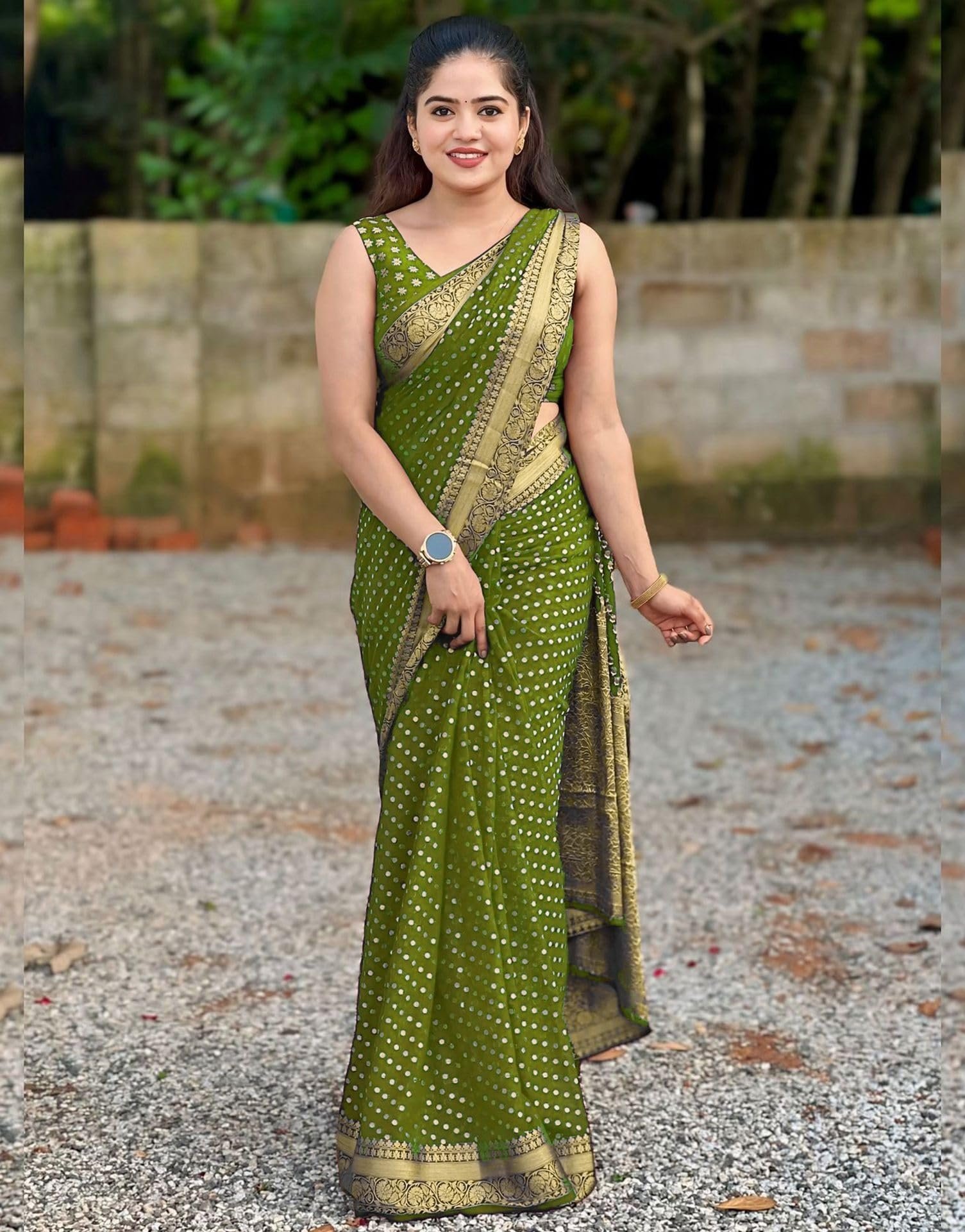Women's Banarasi Saree Pure Kanjivaram Style Silk Saree With Blouse Piece for Wedding (MEHENDI)