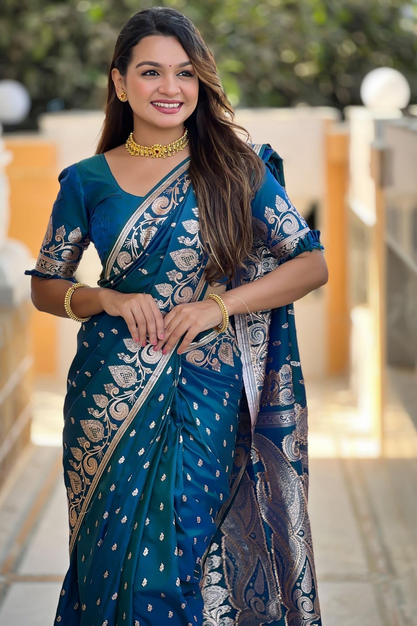 Women's Kanjivaram Pure Soft Silk Saree With Blouse Piece (Rama Blue)