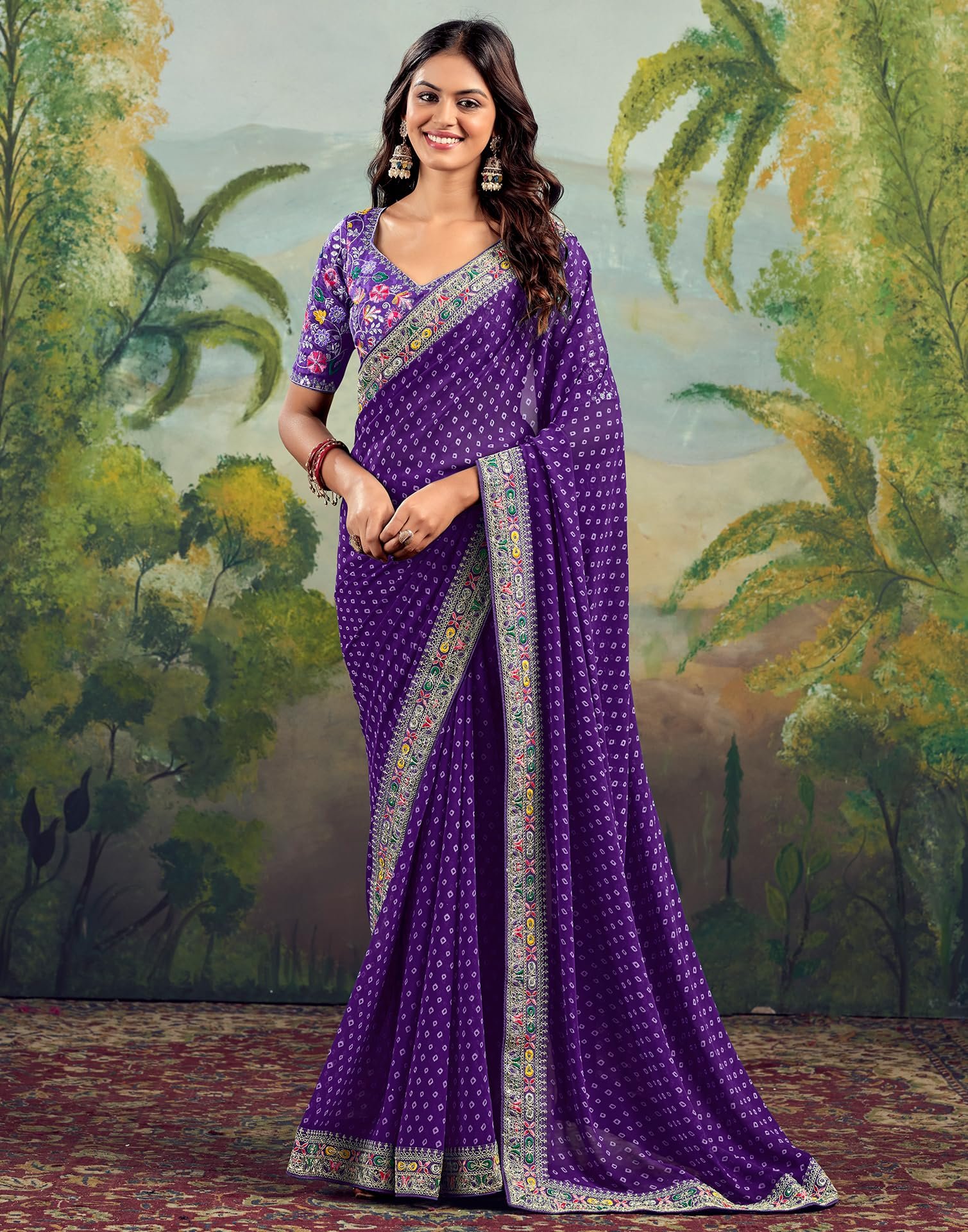 Women's Georgette Bandhani Printed Embroidery Saree, Traditional Wedding Sarees For Women With Unstitched Blouse Piece (4115S904_Violet)