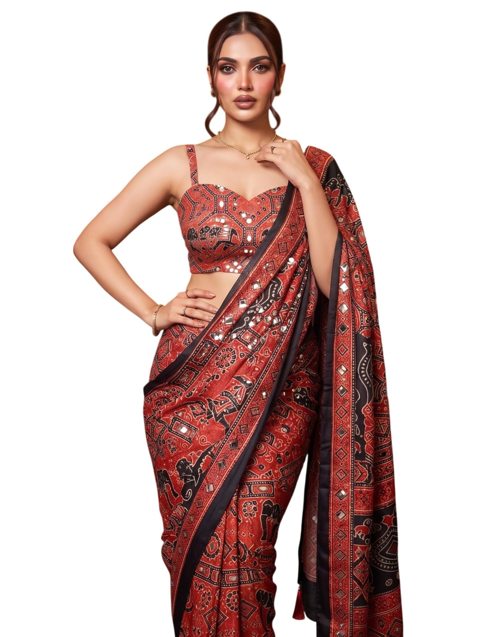 Women’s Viscose Silk Printed Saree with Original Mirror Work, Designer Ethnic Saree with Decorative Border & Rich Pallu, Unstitched Blouse Piece (MIMOSSA - RED)