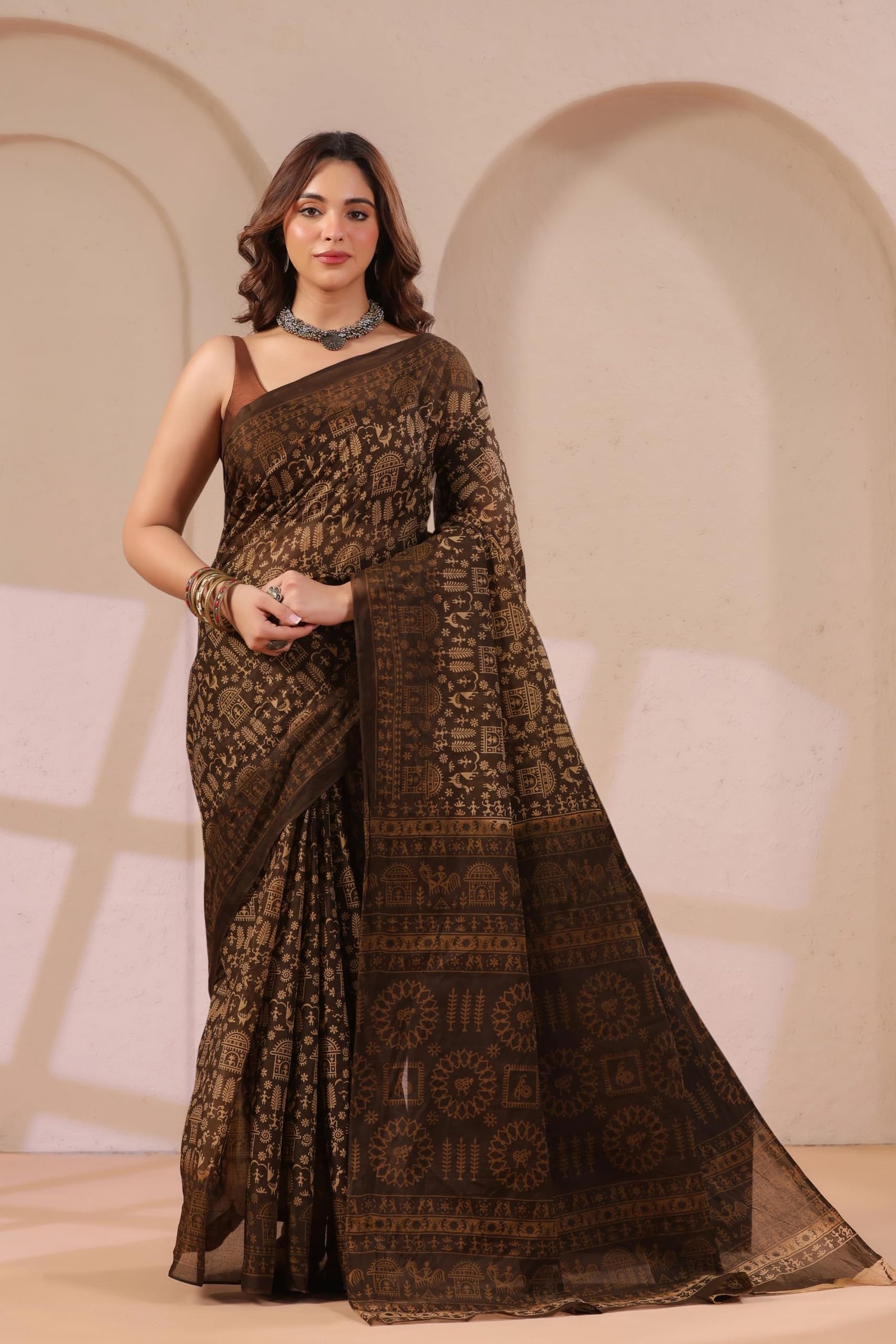Mulmul Pure Cotton Saree For Woman Warli Printed |Office Wear Daily Wear Sarees For Women Without Blouse Piece(Available in 17 Colours), Dark Coffee