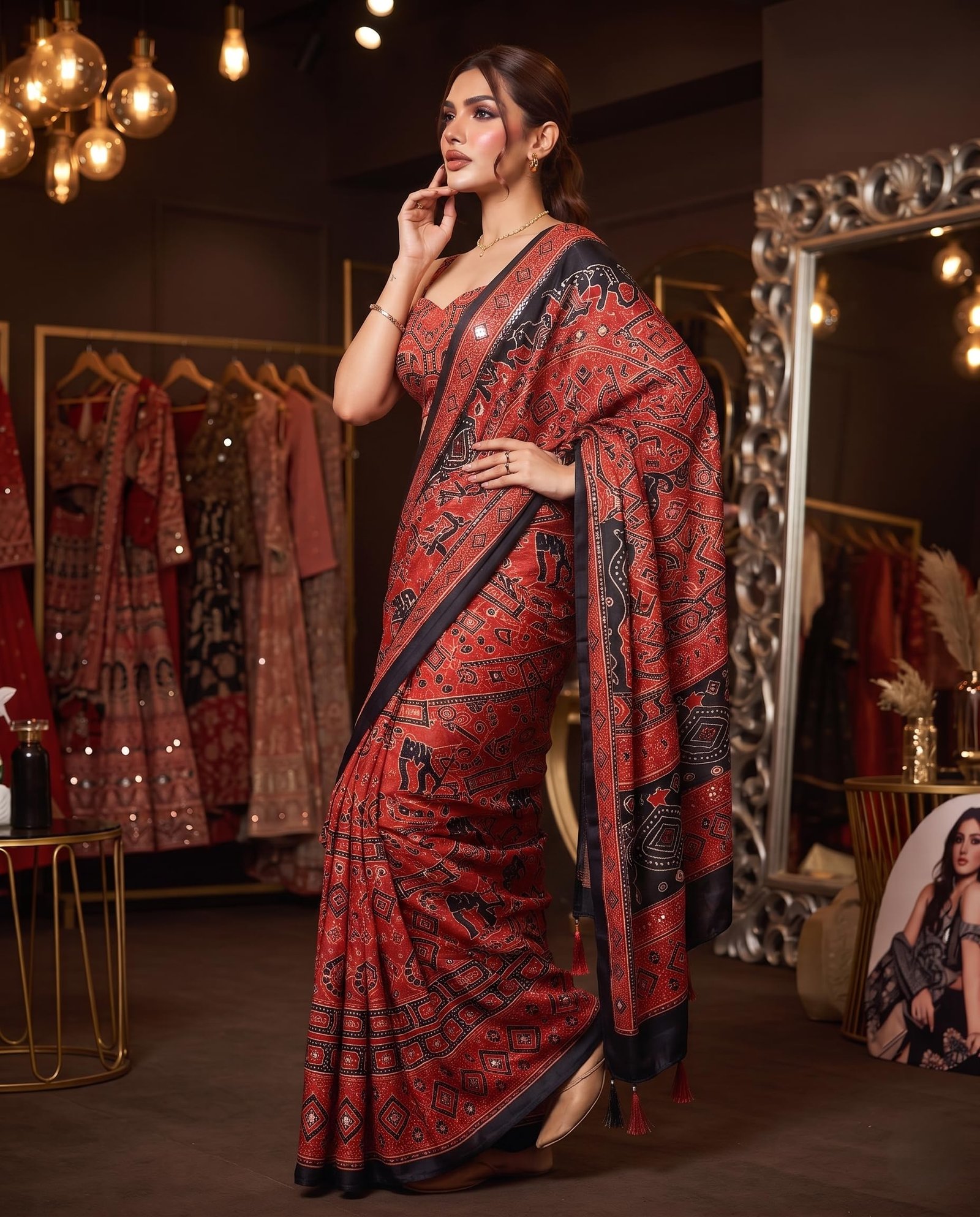 Women’s Viscose Silk Printed Saree with Original Mirror Work, Designer Ethnic Saree with Decorative Border & Rich Pallu, Unstitched Blouse Piece (MIMOSSA - RED)