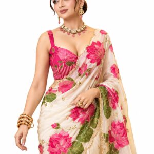 Kryone Off White Soft Georgette Handbrush Lotus Floral Designer Saree with Blouse