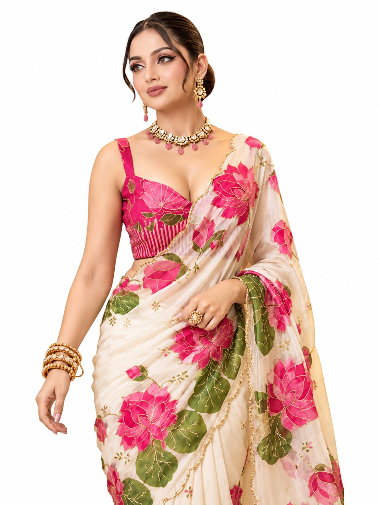 Kryone Off White Soft Georgette Handbrush Lotus Floral Designer Saree with Blouse