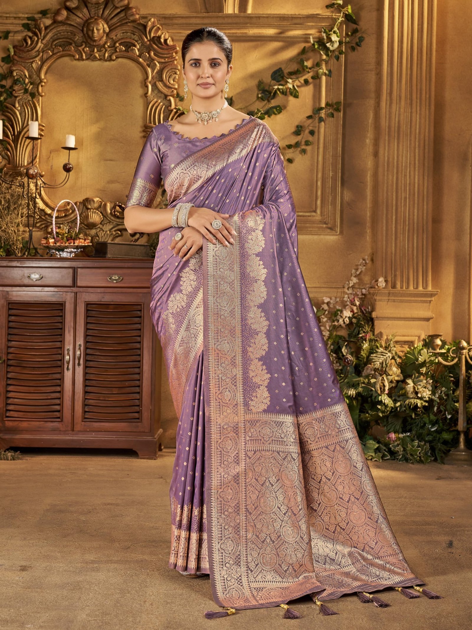 Women's Banarasi Silk Kanjivaram Saree For Wedding With Pure Zari Work, Woven Design, With Unstitched Blouse Piece