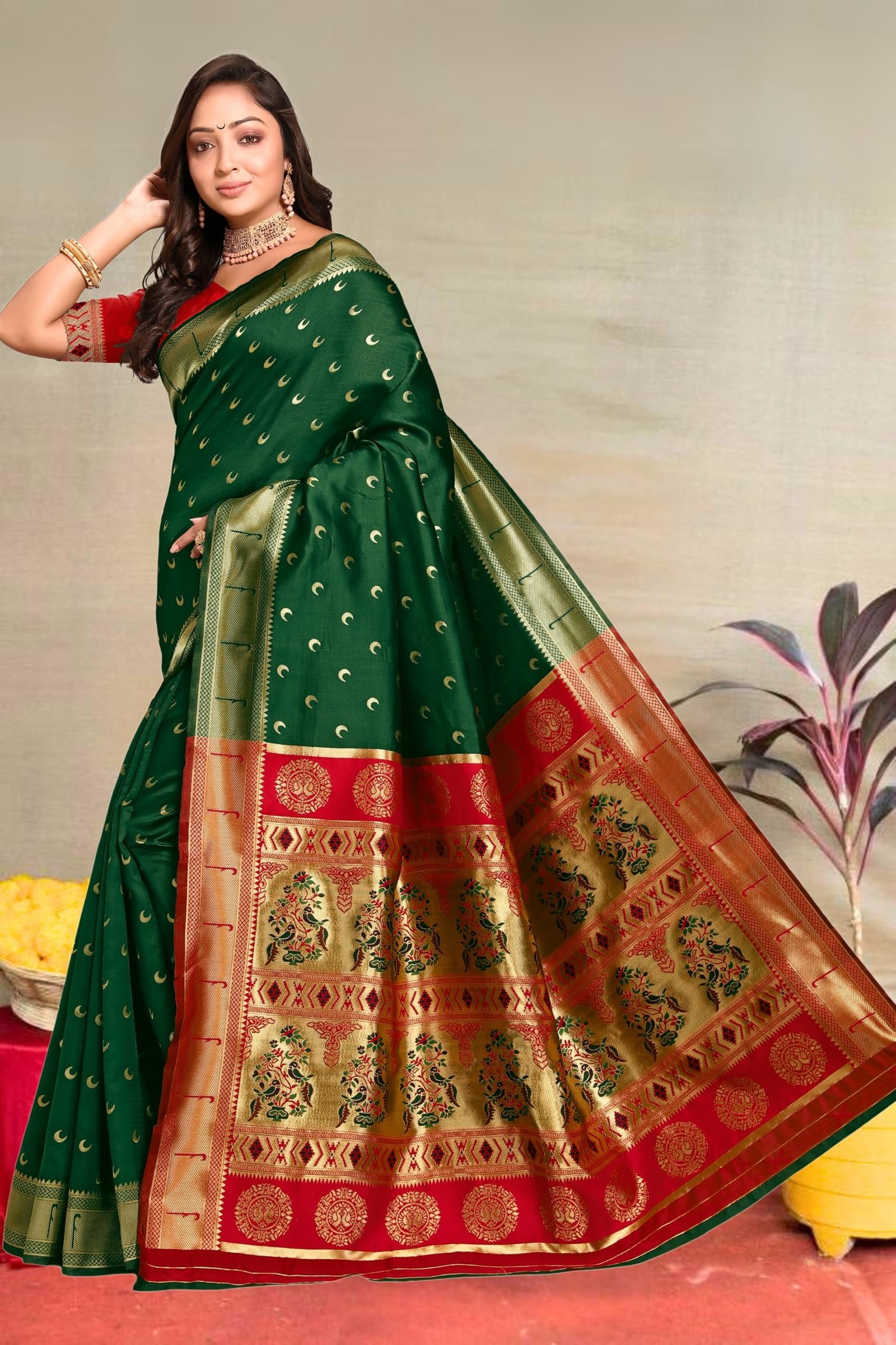 Women's Banarasi Saree Pure Kanjivaram Silk Saree Soft Design Wear Pattu Sarees Latest Cotton With Blouse Piece for Wedding sadi new ladies 2025 (Chand paithani) (Green-Red)