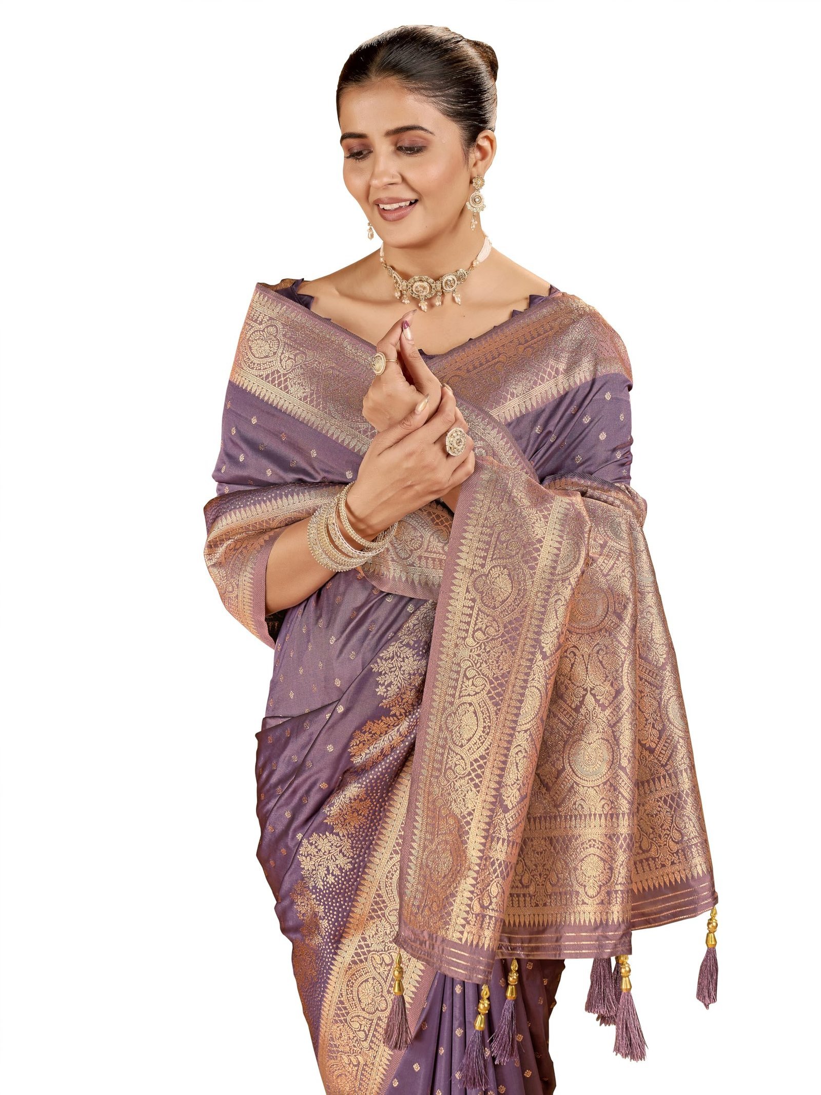 Women's Banarasi Silk Kanjivaram Saree For Wedding With Pure Zari Work, Woven Design, With Unstitched Blouse Piece