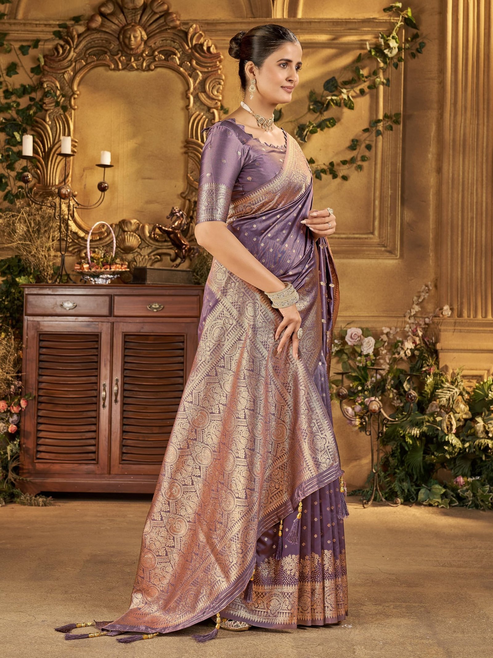 Women's Banarasi Silk Kanjivaram Saree For Wedding With Pure Zari Work, Woven Design, With Unstitched Blouse Piece