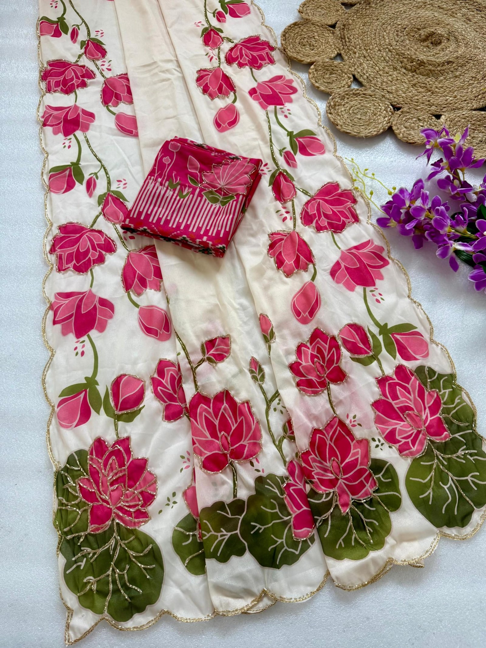 Kryone Off White Soft Georgette Handbrush Lotus Floral Designer Saree with Blouse