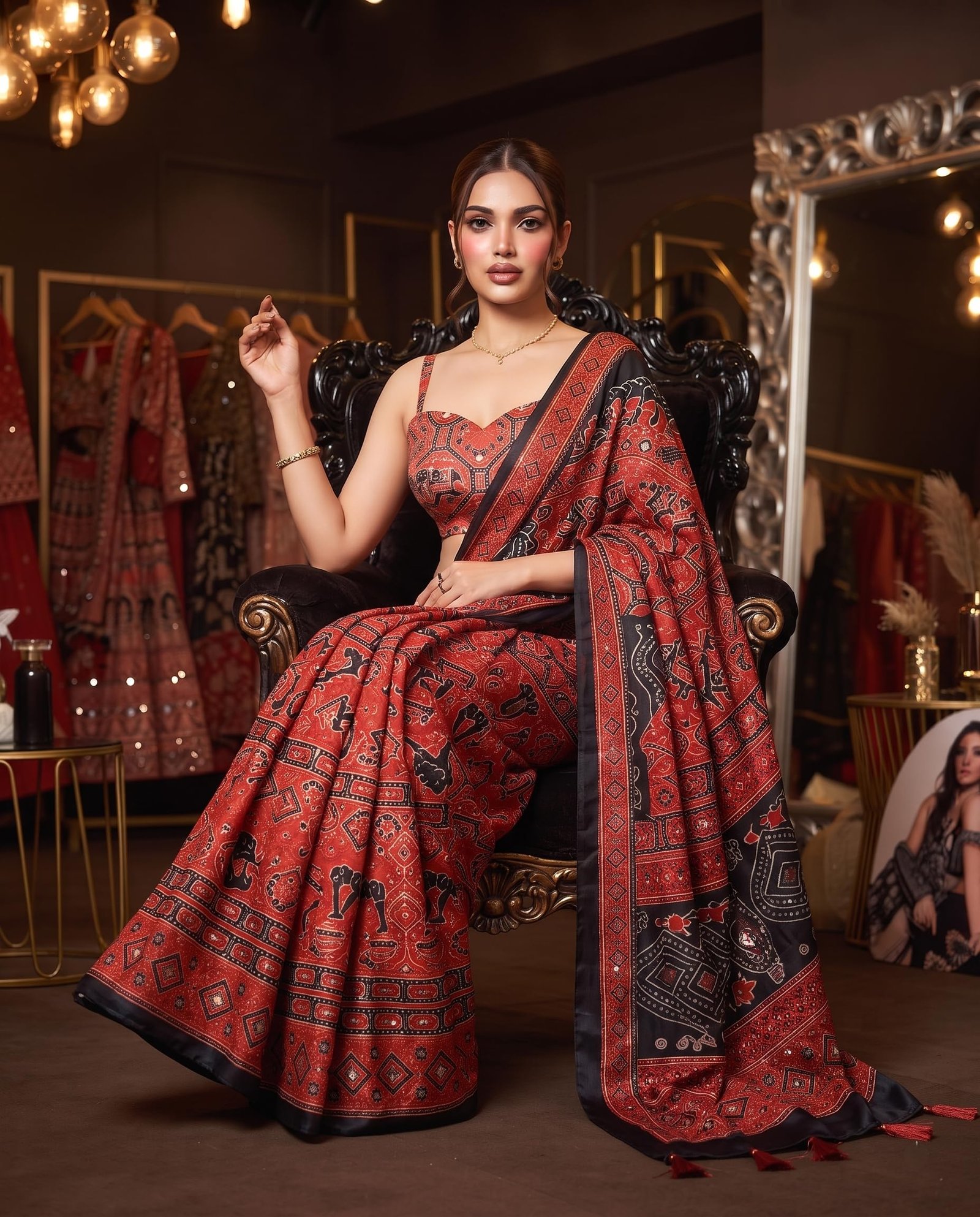 Women’s Viscose Silk Printed Saree with Original Mirror Work, Designer Ethnic Saree with Decorative Border & Rich Pallu, Unstitched Blouse Piece (MIMOSSA - RED)