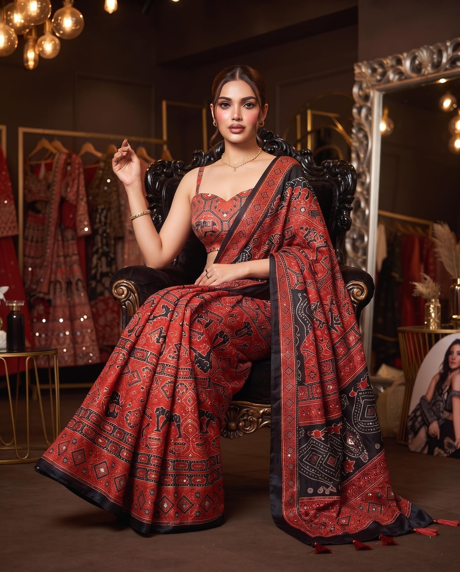 Women’s Viscose Silk Printed Saree with Original Mirror Work, Designer Ethnic Saree with Decorative Border & Rich Pallu, Unstitched Blouse Piece (MIMOSSA - RED)