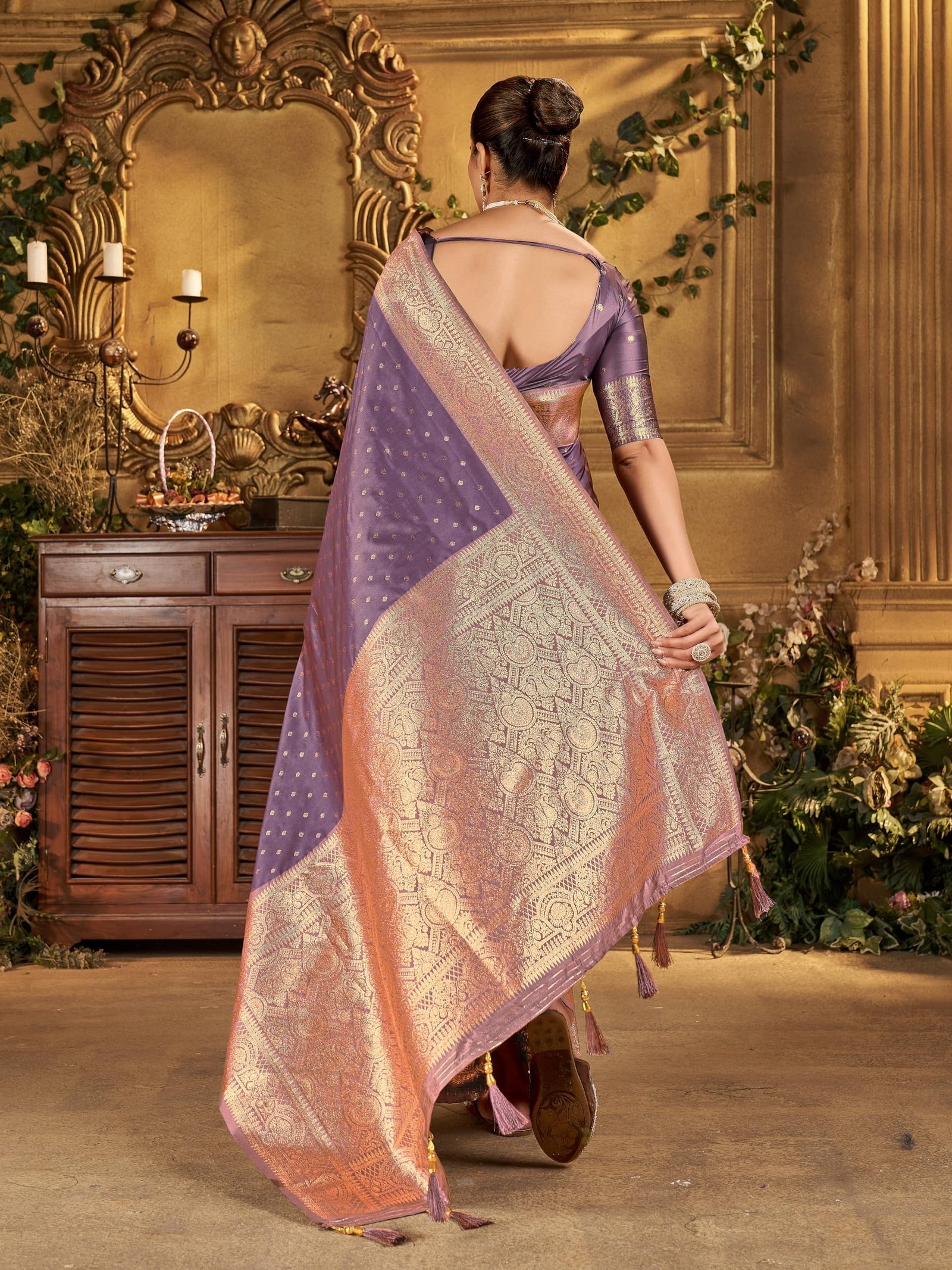 Women's Banarasi Silk Kanjivaram Saree For Wedding With Pure Zari Work, Woven Design, With Unstitched Blouse Piece