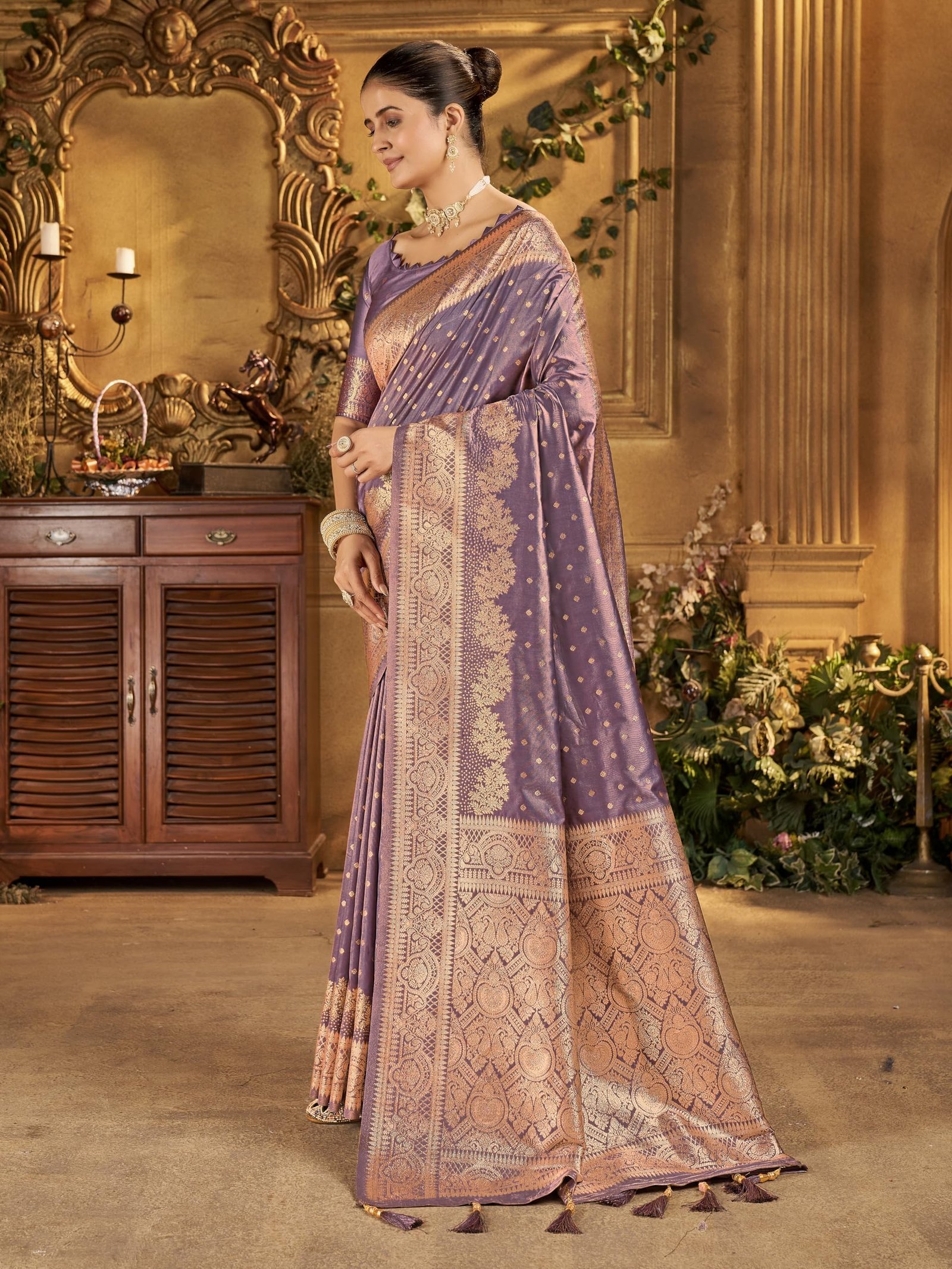 Women's Banarasi Silk Kanjivaram Saree For Wedding With Pure Zari Work, Woven Design, With Unstitched Blouse Piece
