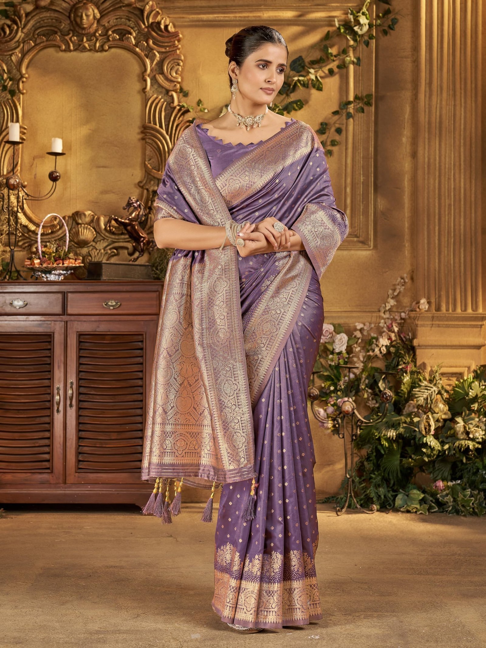 Women's Banarasi Silk Kanjivaram Saree For Wedding With Pure Zari Work, Woven Design, With Unstitched Blouse Piece
