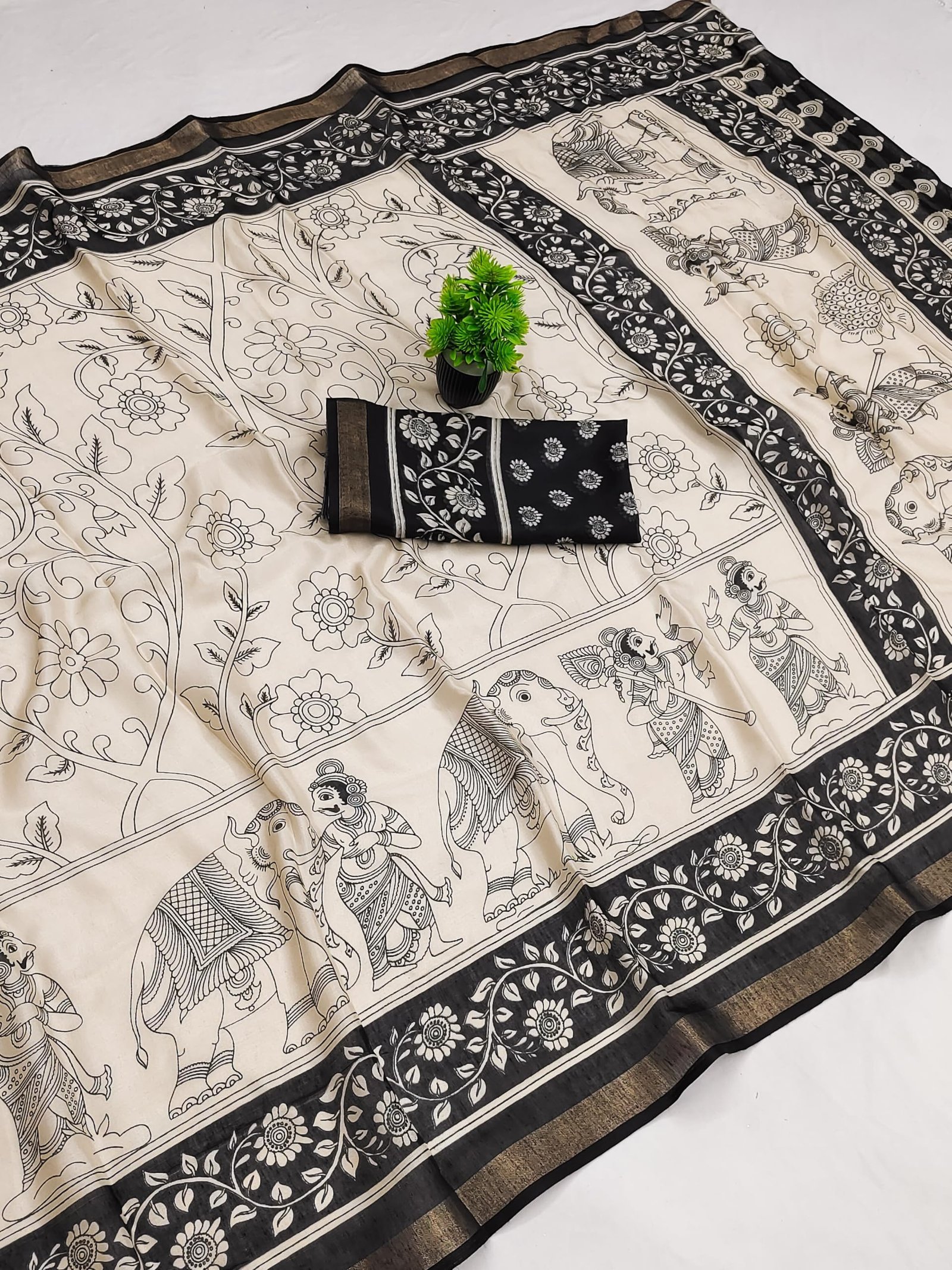 Woven Kanjivaram Printed Malmal Cotton Jari Border Saree (Available in 12 colours/designs) (Black | 4061)