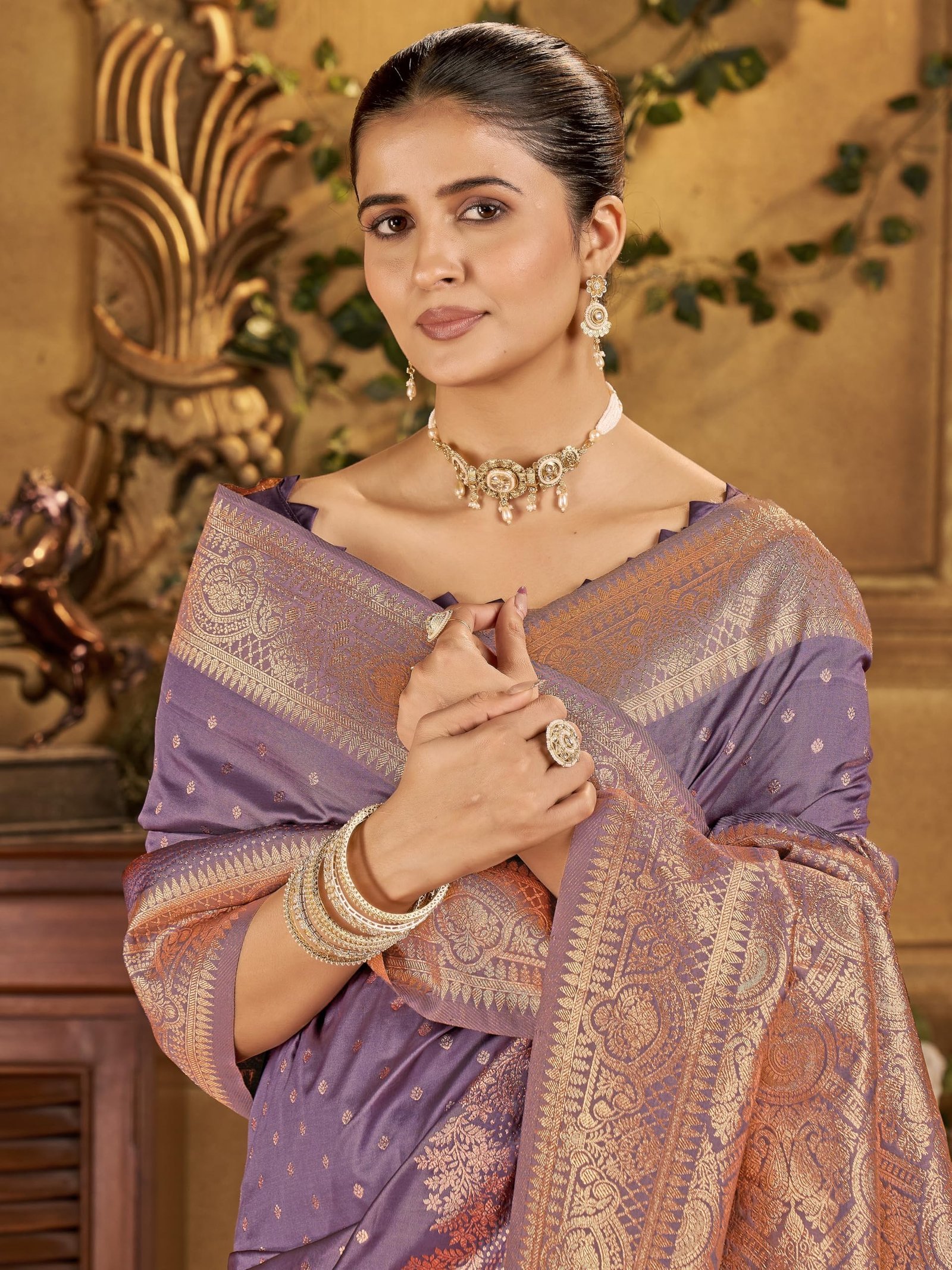 Women's Banarasi Silk Kanjivaram Saree For Wedding With Pure Zari Work, Woven Design, With Unstitched Blouse Piece