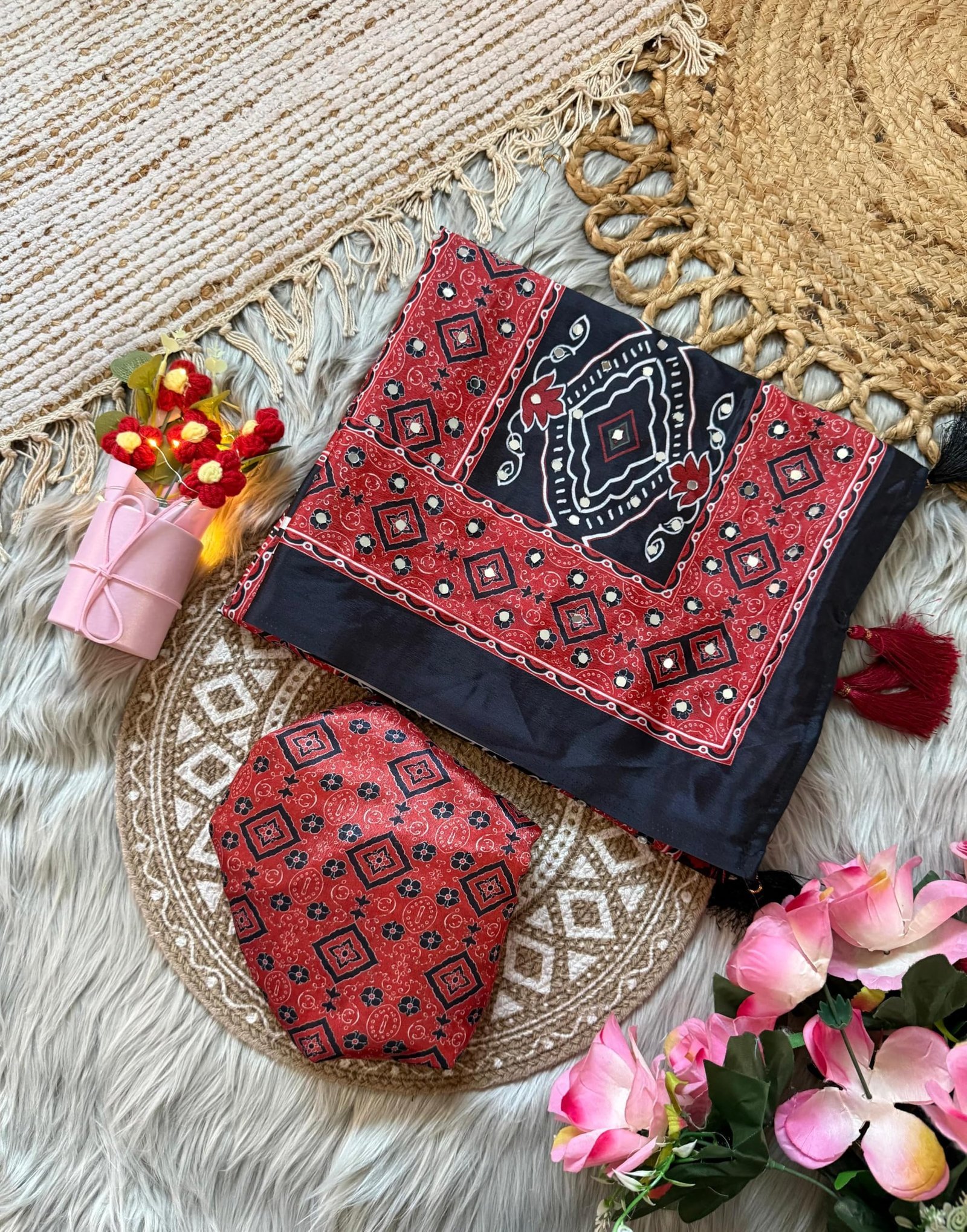 Women’s Viscose Silk Printed Saree with Original Mirror Work, Designer Ethnic Saree with Decorative Border & Rich Pallu, Unstitched Blouse Piece (MIMOSSA - RED)