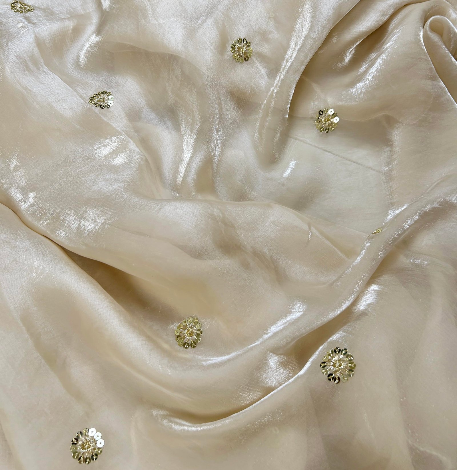 Women's Soft Fandy Satin Embroidered Saree with Sequin Work and Matching Dupion Blouse Piece (Chiku)