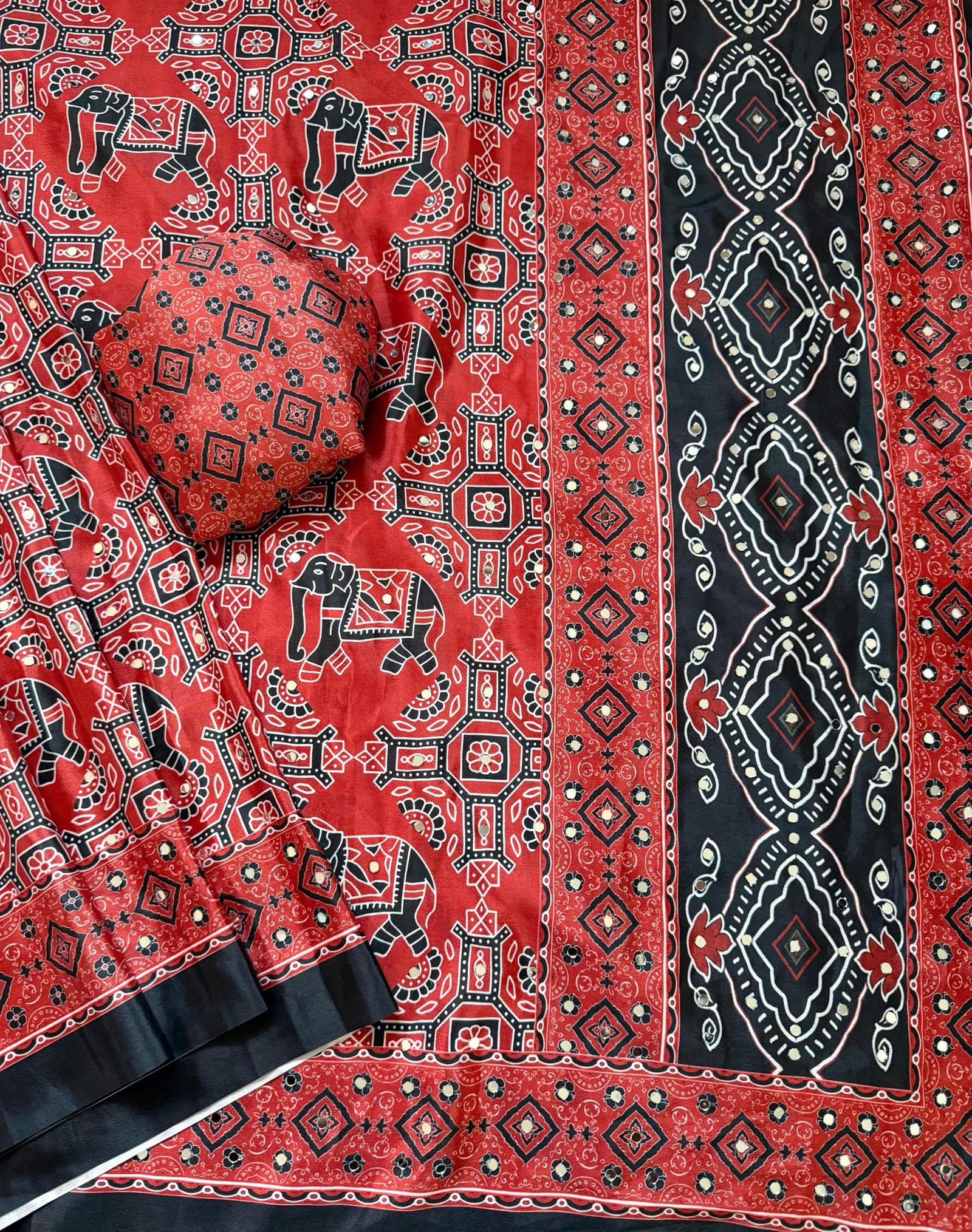 Women’s Viscose Silk Printed Saree with Original Mirror Work, Designer Ethnic Saree with Decorative Border & Rich Pallu, Unstitched Blouse Piece (MIMOSSA - RED)